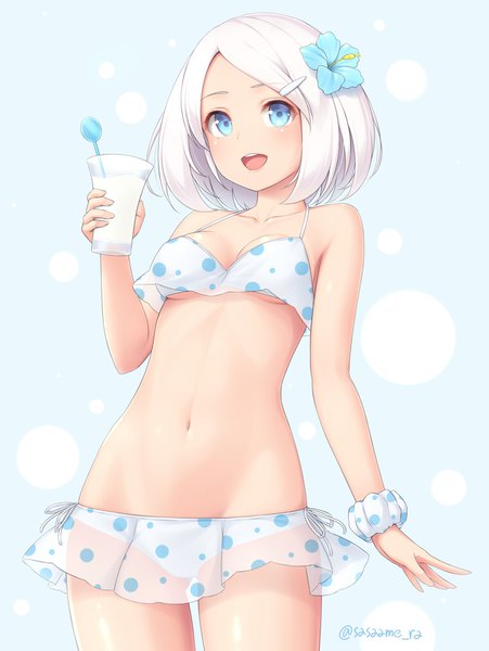 Anime picture 760x1010 with original sasaame single tall image looking at viewer blush fringe short hair breasts open mouth blue eyes light erotic simple background smile standing bare shoulders holding signed white hair :d