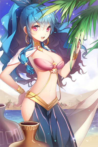 Anime picture 700x1050 with sword girls linus falco single long hair tall image looking at viewer breasts open mouth light erotic blue hair cleavage pink eyes wavy hair girl swimsuit earrings bikini bracelet