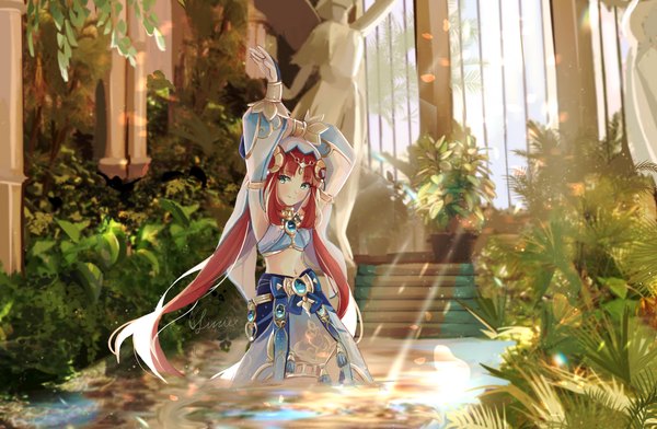 Anime picture 5020x3278 with genshin impact nilou (genshin impact) lizziebtty single long hair looking at viewer blush highres smile absurdres red hair aqua eyes sunlight arms up midriff partially submerged sunbeam girl plant (plants) water
