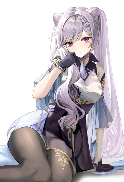 Anime picture 2712x4000 with genshin impact keqing (genshin impact) ueng single long hair tall image looking at viewer blush fringe highres simple background white background sitting purple eyes twintails purple hair arm support hair bun (hair buns) hair over shoulder girl