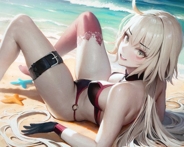 Anime picture 1250x1000 with fate (series) fate/grand order jeanne d'arc (fate) (all) jeanne d'arc alter (fate) jeanne d'arc alter (swimsuit berserker) (fate) ryan tien single long hair looking at viewer fringe breasts open mouth light erotic smile hair between eyes yellow eyes cleavage silver hair ahoge bent knee (knees)
