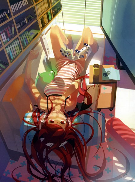 Anime picture 2243x3013 with original vofan single long hair tall image highres red eyes red hair lying barefoot from above bare legs spread legs bat wings head wings girl headphones pillow book (books) couch