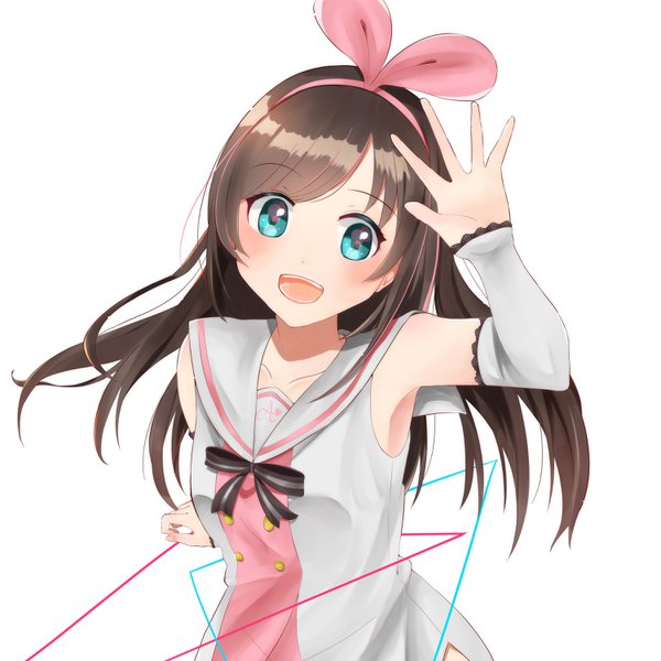 Anime picture 3000x3000 with virtual youtuber a.i. channel kizuna ai kate tawa single long hair looking at viewer blush fringe highres open mouth simple background brown hair white background :d arm up aqua eyes arm behind back sailor collar girl