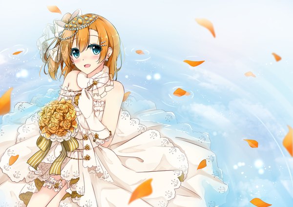 Anime picture 1157x818 with love live! school idol project sunrise (studio) love live! kousaka honoka kurottari single blush fringe short hair open mouth blue eyes smile hair between eyes sitting holding looking away outdoors :d orange hair one side up