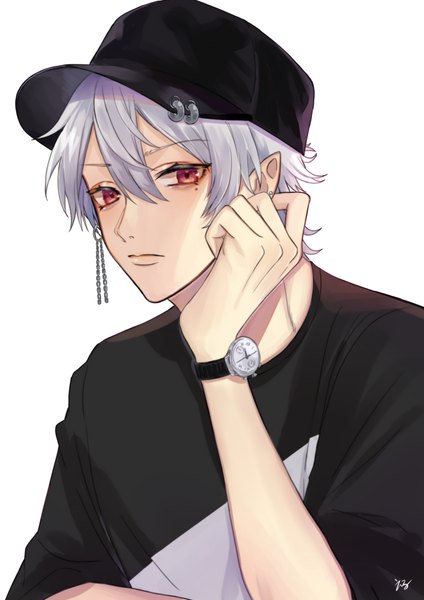 Anime picture 3000x4243 with virtual youtuber nijisanji kuzuha (nijisanji) muimui oioi single tall image looking at viewer fringe highres short hair simple background hair between eyes red eyes white background silver hair pointy ears mole mole under eye boy clock