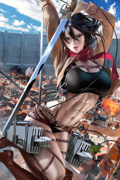 Anime picture 2339x3508 with shingeki no kyojin production i.g mikasa ackerman zumi (zumidraws) single tall image looking at viewer fringe highres short hair breasts light erotic black hair hair between eyes large breasts holding brown eyes signed sky cloud (clouds)