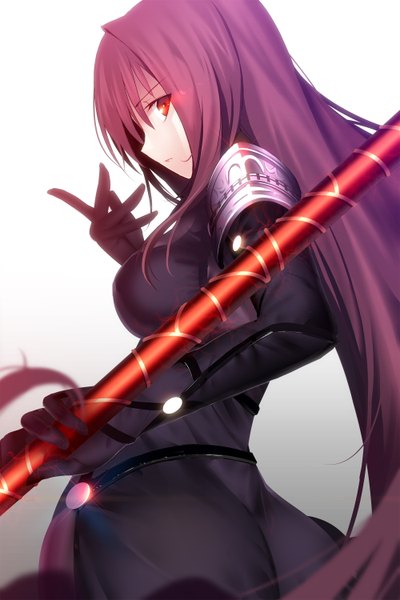 Anime picture 2000x3000 with fate (series) fate/grand order type-moon scathach (fate) (all) scathach (fate) machimura komori single long hair tall image highres red eyes purple hair looking back girl dress gloves weapon black gloves spear