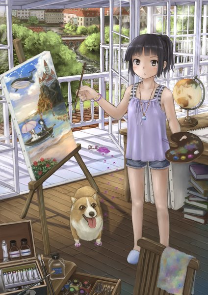 Anime picture 1190x1684 with original taka (tsmix) single tall image looking at viewer short hair black hair standing brown eyes full body ponytail city cityscape welsh corgi girl animal shorts bracelet pendant book (books)