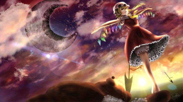 Anime picture 1920x1080 with touhou flandre scarlet freddie single highres blonde hair red eyes wide image sky cloud (clouds) one side up spread arms scenic girl wings moon crystal