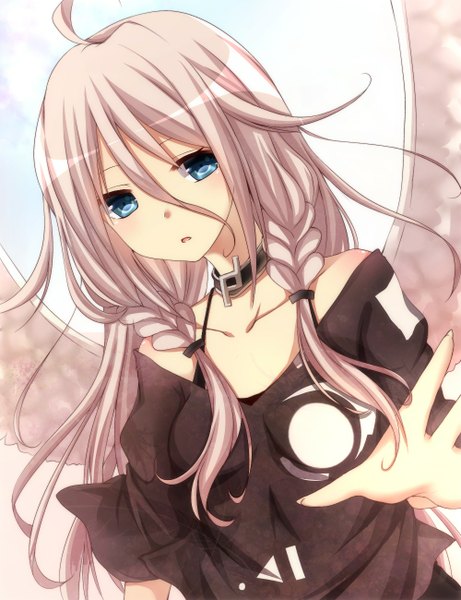 Anime picture 1000x1300 with vocaloid ia (vocaloid) yamasuta single long hair tall image looking at viewer blush open mouth blue eyes twintails white hair girl choker