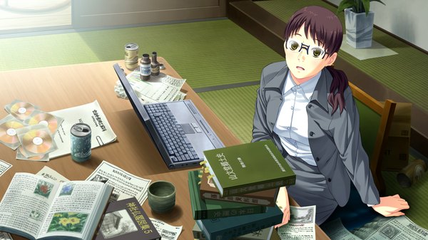 Anime picture 1024x576 with suigetsu 2 long hair black hair wide image brown eyes game cg girl glasses book (books) laptop cd