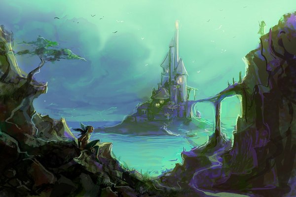 Anime picture 1024x682 with anndr (artist) standing sitting sky cloud (clouds) night mountain landscape fantasy rock lake plant (plants) animal wings tree (trees) sea bird (birds) spear castle bridge