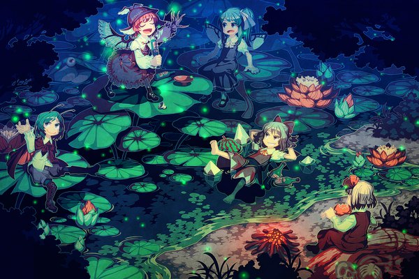 Anime picture 1500x1000 with touhou cirno rumia mystia lorelei daiyousei wriggle nightbug pyonta zounose long hair fringe short hair open mouth blue eyes smile standing sitting multiple girls holding green eyes animal ears