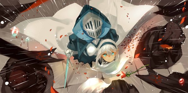 Anime picture 1800x893 with original pixiv fantasia pixiv fantasia fallen kings joseph lee highres short hair wide image silver hair aqua eyes from above tears looking up rain crying headless girl flower (flowers) weapon petals sword