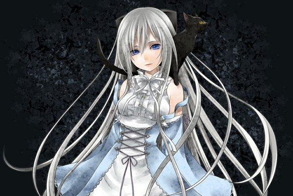 Anime picture 1000x671 with original makita maki single looking at viewer blue eyes silver hair very long hair dark background girl dress ribbon (ribbons) detached sleeves cat corset