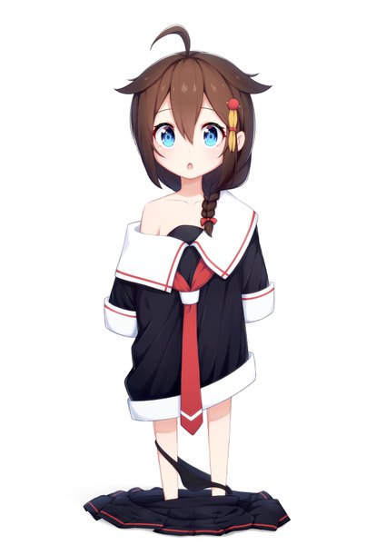 Anime picture 2508x3541 with kantai collection shigure destroyer ochiai miyabi single long hair tall image looking at viewer blush fringe highres open mouth blue eyes light erotic simple background hair between eyes brown hair standing white background full body ahoge