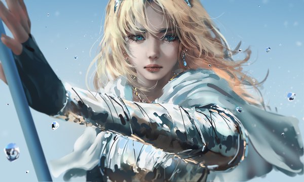Anime-Bild 3000x1800 mit league of legends lux (league of legends) nixeu single long hair looking at viewer fringe highres blue eyes blonde hair hair between eyes wide image holding payot sky upper body wind lips blurry realistic