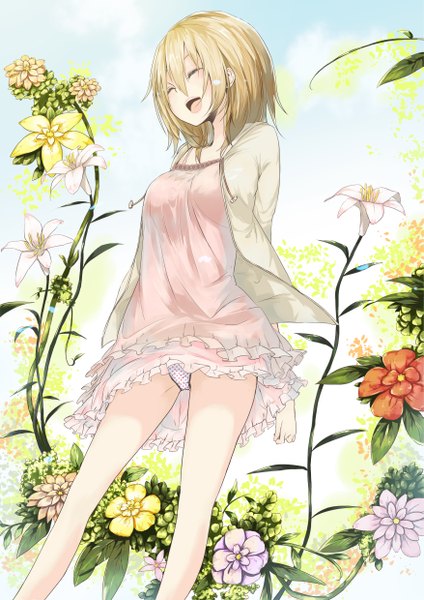 Anime picture 1753x2480 with original la-na single tall image highres short hair open mouth light erotic blonde hair eyes closed open clothes open jacket girl underwear panties flower (flowers)
