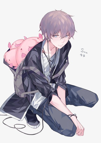 Anime picture 2480x3507 with nico nico douga sou (niconico) kane (kanekiru) single tall image fringe highres short hair blue eyes simple background smile hair between eyes full body grey hair character names squat boy headphones toy stuffed toy