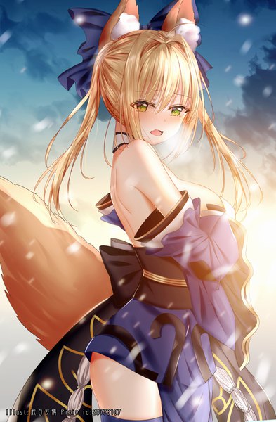 Anime picture 2603x3973 with fate (series) fate/extra nero claudius (fate) (all) tamamo (fate) (all) nero claudius (fate) tamamo no mae (fate) junpaku karen single long hair tall image looking at viewer blush fringe highres breasts open mouth light erotic blonde hair hair between eyes large breasts