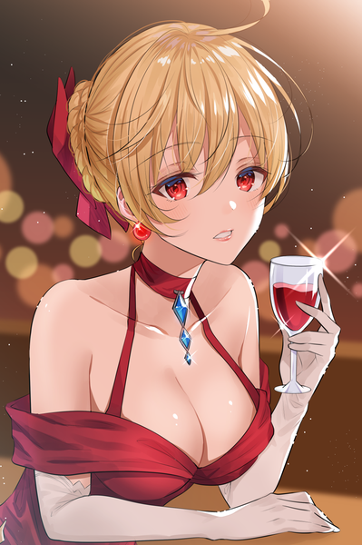 Anime-Bild 1000x1504 mit granblue fantasy vira lilie myusha single tall image looking at viewer blush fringe short hair breasts light erotic blonde hair hair between eyes red eyes large breasts bare shoulders holding payot cleavage upper body