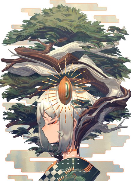 Anime picture 873x1200 with original zicai tang single tall image fringe short hair simple background payot eyes closed profile grey hair text portrait eyeshadow english egasumi girl plant (plants) tree (trees) choker