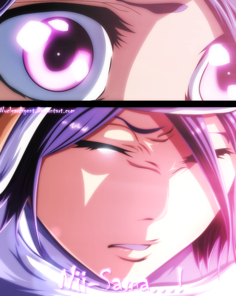 Anime picture 800x1000 with bleach studio pierrot kuchiki rukia nuclearagent tall image short hair purple hair eyes closed pink eyes inscription coloring close-up face manga girl