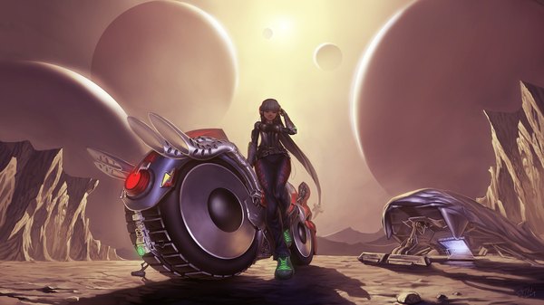 Аниме картинка 1920x1080 с saejin oh один (одна) длинные волосы высокое разрешение широкое изображение стоя космос каньон девушка планета мотоцикл