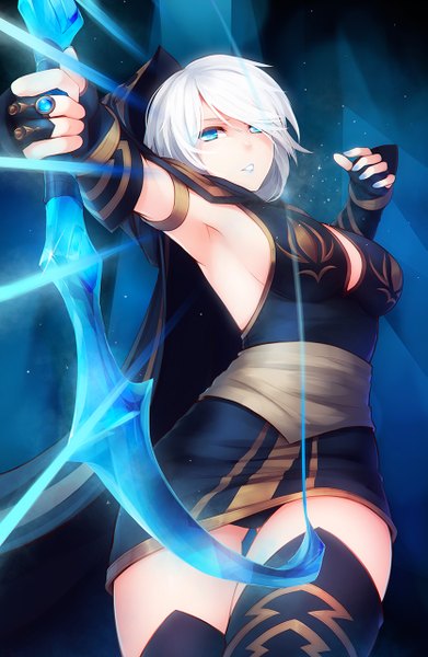 Anime picture 835x1280 with league of legends ashe (league of legends) ricegnat single tall image short hair breasts blue eyes light erotic white hair armpit (armpits) pantyshot girl underwear panties weapon black panties clothes bow (weapon) arrow (arrows)