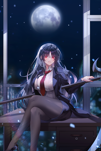 Anime picture 2289x3434 with original kithera single long hair tall image looking at viewer blush fringe highres breasts open mouth black hair hair between eyes red eyes large breasts sitting holding payot light smile blurry