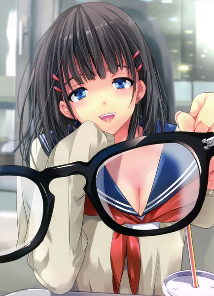 Anime picture 2425x3350 with original taira tsukune long hair tall image blush highres open mouth blue eyes black hair cleavage girl hair ornament glasses serafuku bobby pin