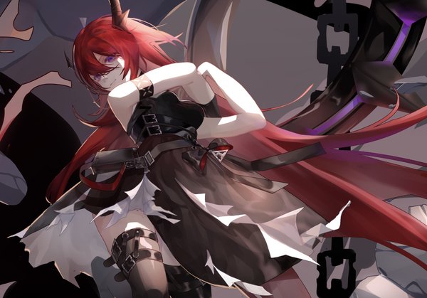 Anime picture 1644x1148 with arknights surtr (arknights) comb (suz) single looking at viewer fringe breasts hair between eyes purple eyes bare shoulders red hair very long hair head tilt horn (horns) zettai ryouiki girl thighhighs dress black thighhighs black dress