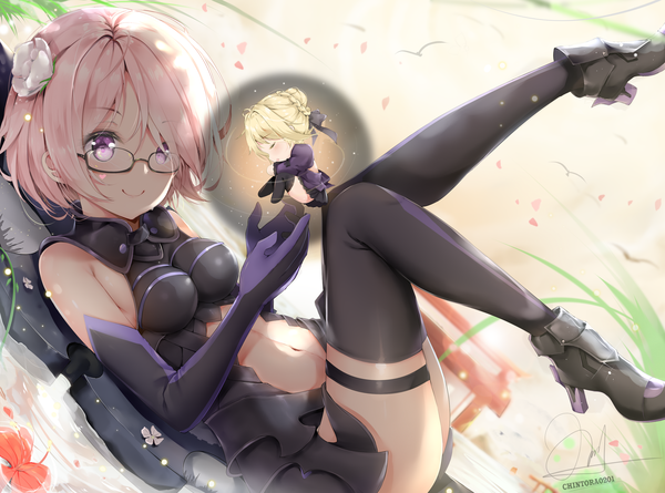 Anime picture 3100x2300 with fate (series) fate/grand order artoria pendragon (all) mash kyrielight saber alter chintora0201 looking at viewer blush fringe highres short hair breasts light erotic blonde hair smile large breasts purple eyes bare shoulders multiple girls payot