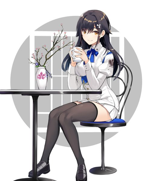 Anime picture 1000x1200 with azur lane choukai (azur lane) akanebi single long hair tall image looking at viewer blush fringe breasts black hair simple background smile hair between eyes white background holding yellow eyes payot full body long sleeves