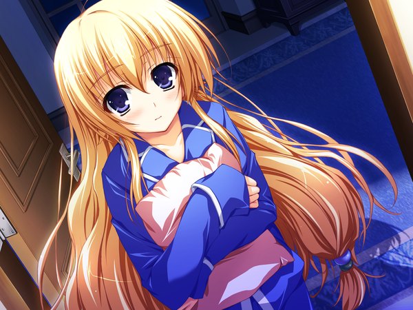 Аниме картинка 2560x1920 с akatsuki no goei kurayashiki tae tomose shunsaku один (одна) длинные волосы смотрит на зрителя румянец высокое разрешение голубые глаза светлые волосы game cg девушка подушка пижама