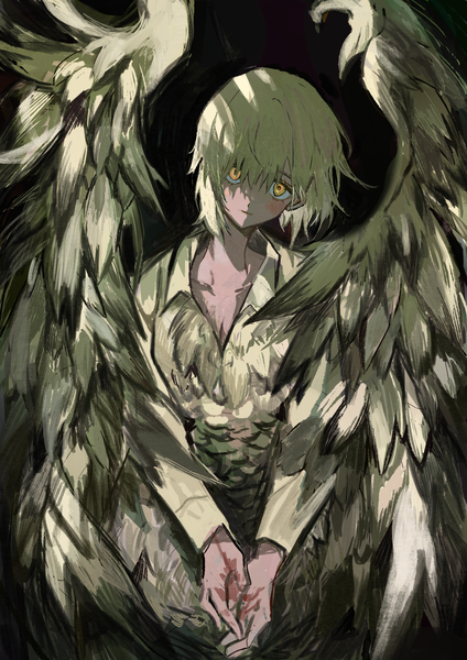 Anime picture 2480x3508 with dungeon meshi studio trigger falin touden falin touden (chimera) 12anchovy single tall image looking at viewer fringe highres short hair simple background blonde hair hair between eyes yellow eyes head tilt black background spoilers girl wings