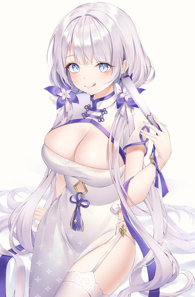 Anime picture 1500x2285 with azur lane illustrious (azur lane) illustrious (maiden lily's radiance) (azur lane) mellozzo single long hair tall image looking at viewer blush fringe breasts blue eyes light erotic simple background smile large breasts white background sitting twintails holding