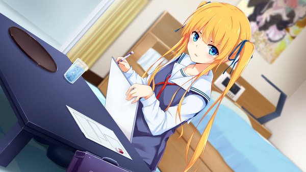 Anime picture 1920x1080 with saenai heroine no sodatekata a-1 pictures sawamura spencer eriri ray-en single long hair blush fringe highres blue eyes blonde hair wide image sitting twintails payot looking away dutch angle girl uniform ribbon (ribbons)