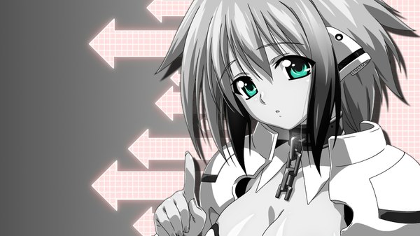 Anime picture 1920x1080 with sora no otoshimono ikaros single highres short hair breasts light erotic wide image large breasts green eyes monochrome girl collar
