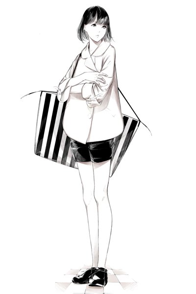 Anime picture 1000x1500 with original sousou (sousouworks) single tall image fringe short hair black hair simple background standing white background looking away full body grey eyes monochrome crossed arms striped checkered floor checkered casual girl
