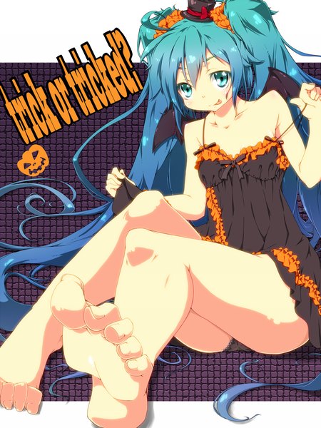 Anime picture 1200x1600 with vocaloid hatsune miku haruyonoto single long hair tall image blue eyes light erotic twintails blue hair cleavage barefoot inscription legs pantyshot sitting halloween :p trick or treat girl hat