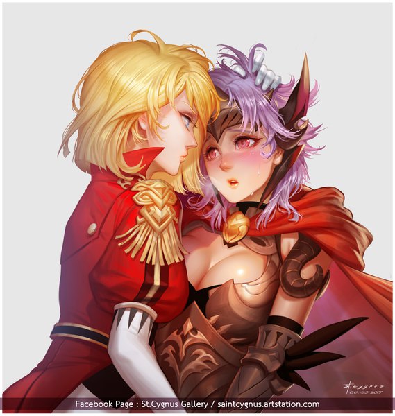 Anime picture 1920x2023 with seven knights rachel (seven knights) eileen (seven knights) stcygnus tall image highres short hair breasts blue eyes light erotic blonde hair red eyes large breasts multiple girls purple hair parted lips lips puffy sleeves border shoujo ai
