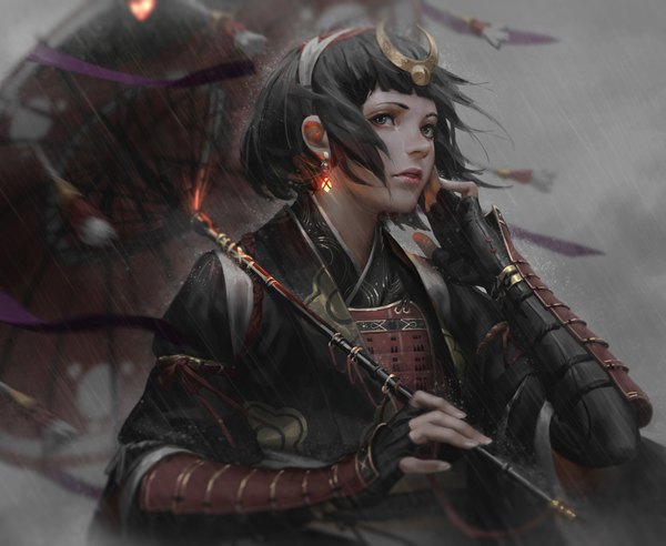 Anime picture 1600x1314 with original guweiz single fringe short hair black hair holding payot looking away upper body blunt bangs traditional clothes parted lips japanese clothes arm up fingernails wind lips black eyes blurry