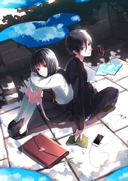 Anime picture 1000x1414 with original phantania long hair tall image looking at viewer short hair black hair sitting black eyes girl boy skirt uniform socks serafuku book (books) white socks school bag mobile phone