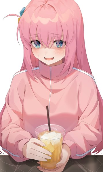 Anime picture 895x1500 with bocchi the rock! cloverworks gotou hitori hachinatsu single long hair tall image looking at viewer open mouth blue eyes simple background white background pink hair upper body one side up sweatdrop girl drink disposable cup track jacket