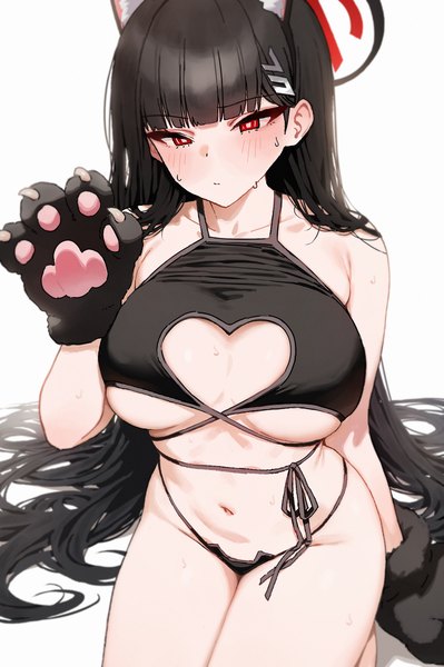 Anime picture 2216x3329 with blue archive rio (blue archive) mochirong single tall image looking at viewer blush fringe highres breasts light erotic black hair simple background red eyes large breasts white background sitting animal ears blunt bangs very long hair