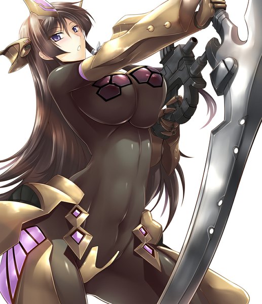 Anime picture 945x1096 with muv-luv alternative muv-luv takamura yui haganef single long hair tall image looking at viewer blush breasts light erotic black hair simple background white background purple eyes huge breasts girl navel weapon gun