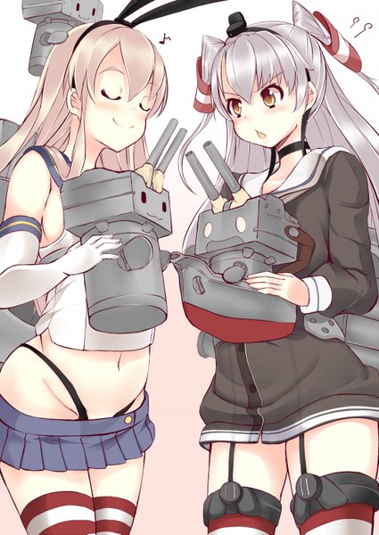 Anime picture 1074x1517 with kantai collection shimakaze destroyer rensouhou-chan amatsukaze destroyer rensouhou-kun sukage long hair tall image blush light erotic blonde hair smile multiple girls brown eyes eyes closed grey hair two side up :3 o o girl