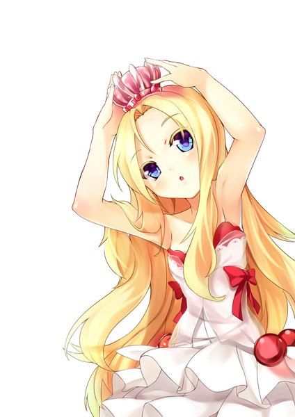 Anime picture 1500x2121 with original kaede (yumesaki kaede) single long hair tall image open mouth blue eyes simple background blonde hair white background girl dress crown