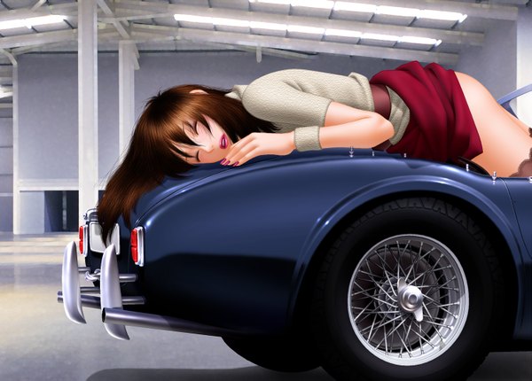Anime picture 1499x1075 with original toshiki yui single long hair blush open mouth light erotic brown hair eyes closed nail polish lips on stomach sleeping girl thighhighs ground vehicle car
